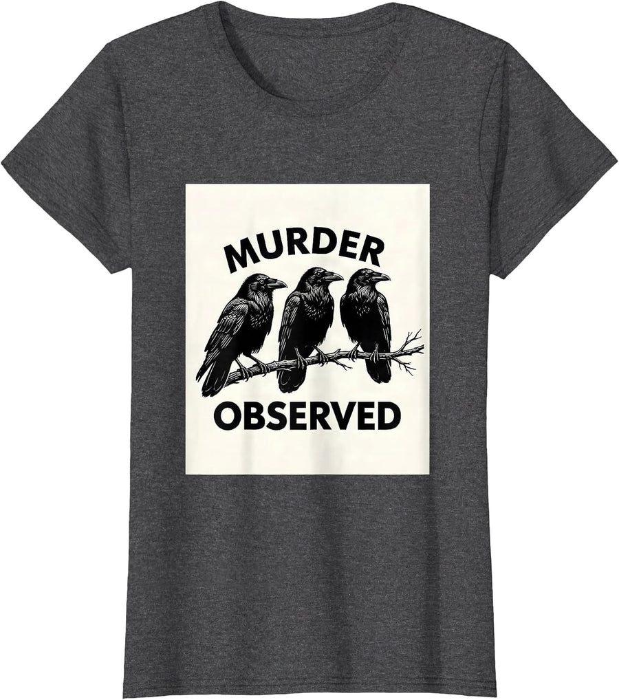 Women's Murder Observed Scratchboard Crow Dark Humor Bird Lover T-Shirt - Dark Heather Grey