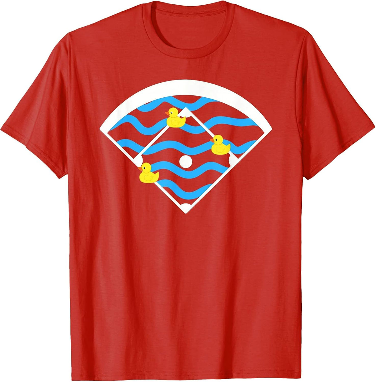 Ducks Left on the Pond Funny Baseball Field T-Shirt - Red