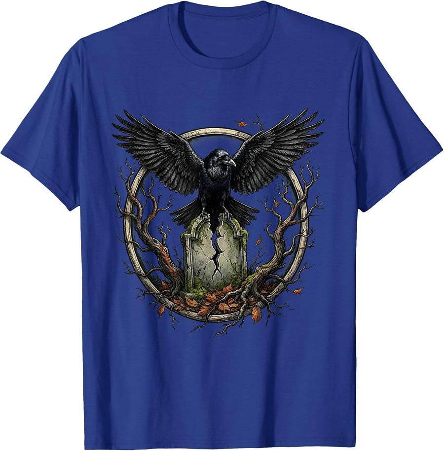 Crow on Broken Gravestone Gothic Horror Design T-Shirt - Royal Blue