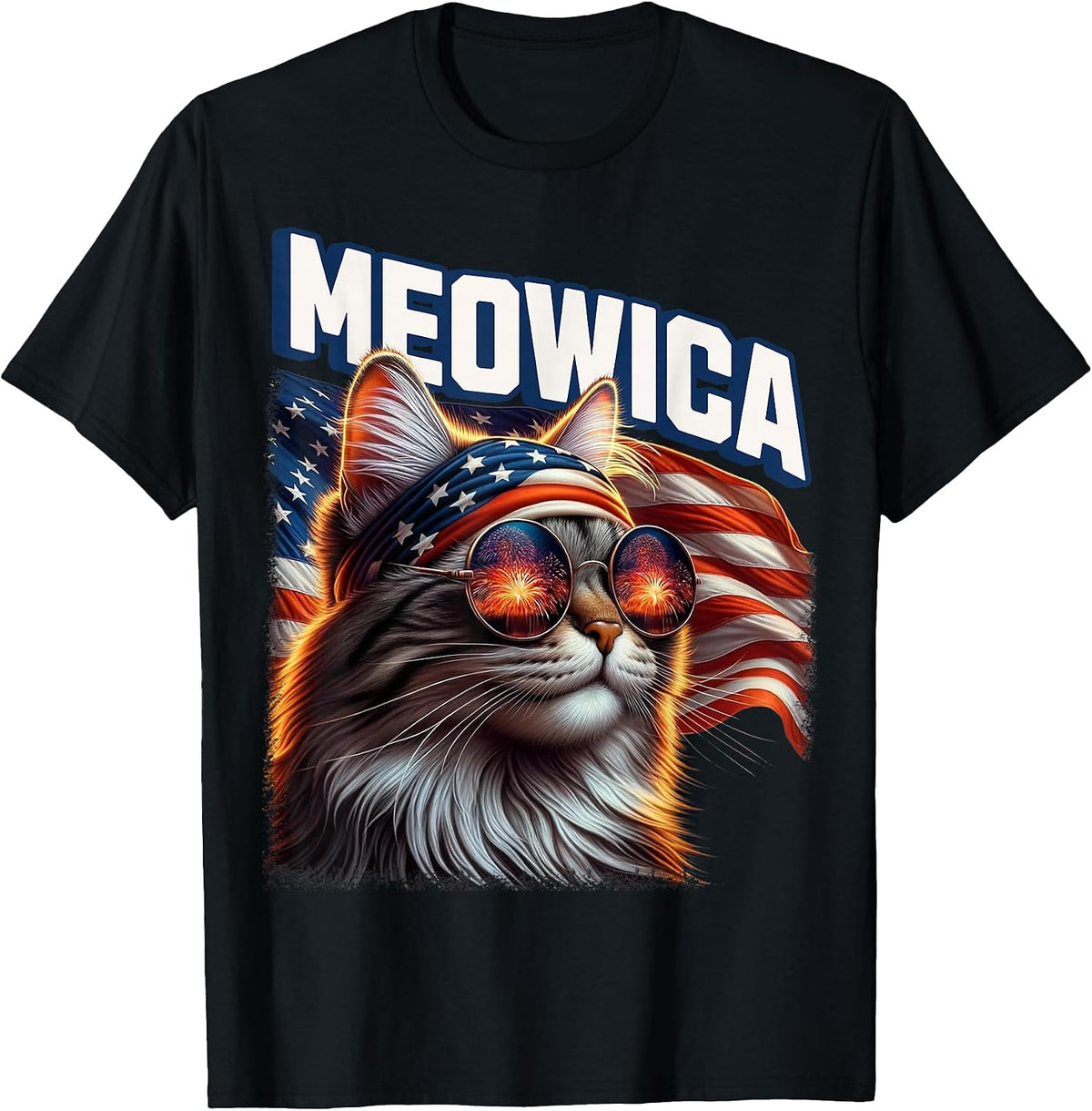 Meowica 4th of July Patriotic Cat American Flag 4th of July T-Shirt, Men, Black, Small - As Pictured