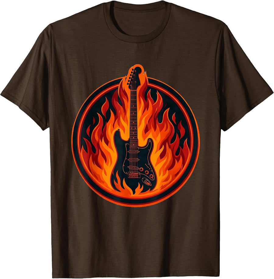 90s Rock Flaming Electric Guitar Graphic T-Shirt - Brown