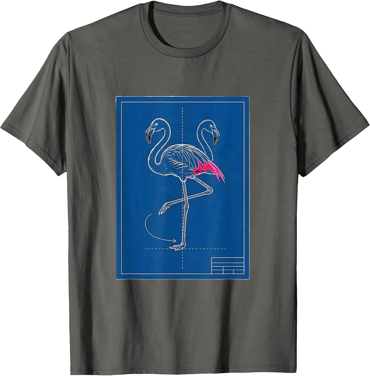Men's Flamingo Drafting Sheet Technical Blueprint Bird Humor T-Shirt - Asphalt Grey