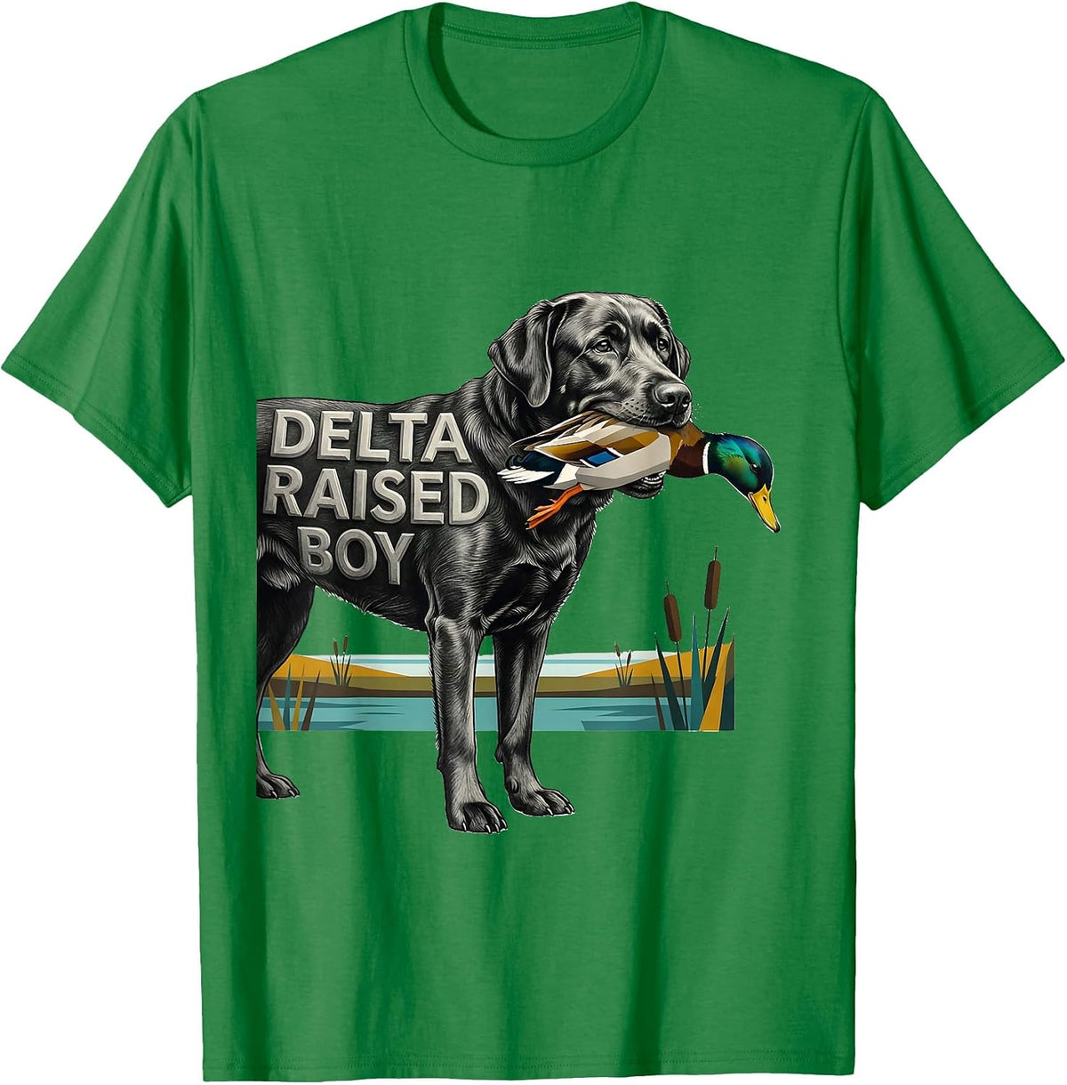 Men's Delta Raised Boy Midcentury Modern Labrador Duck Hunting T-Shirt - Kelly Green