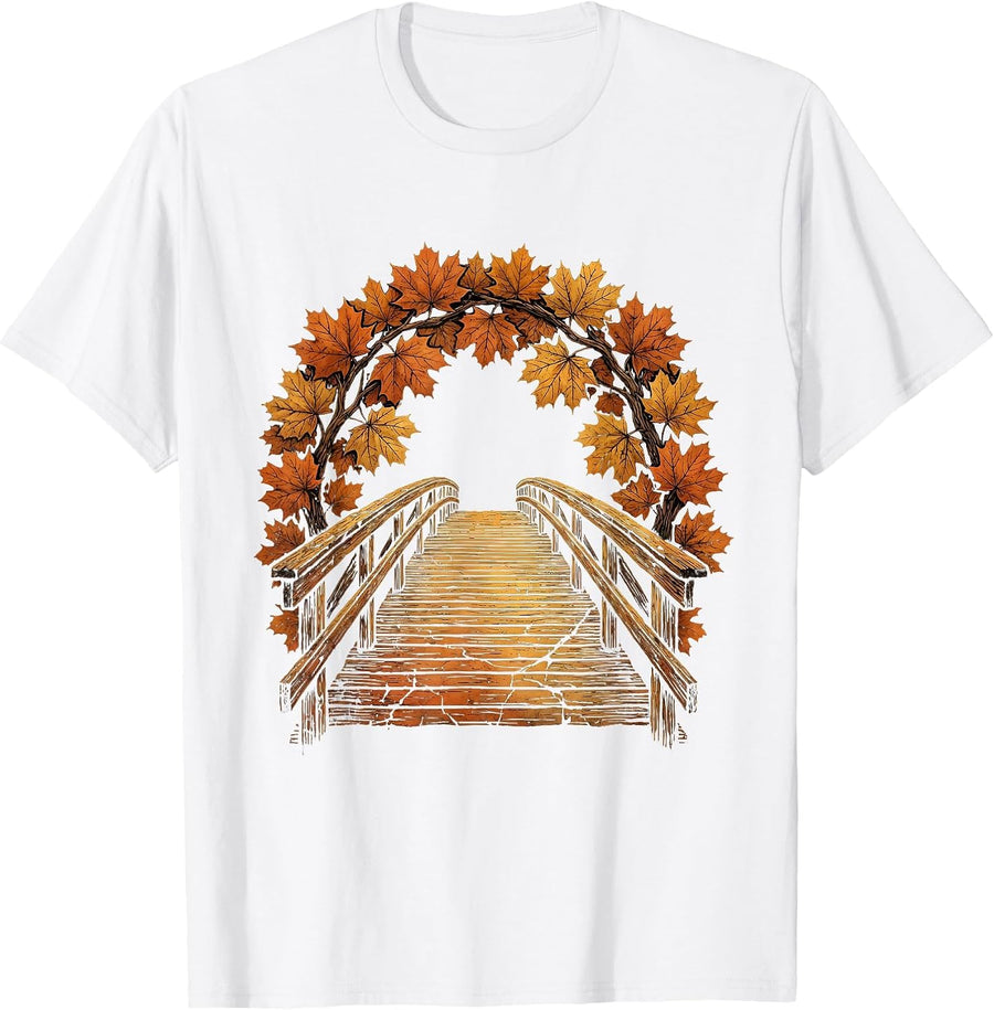 Covered Bridge Autumn Foliage Fall Scene T-Shirt - White