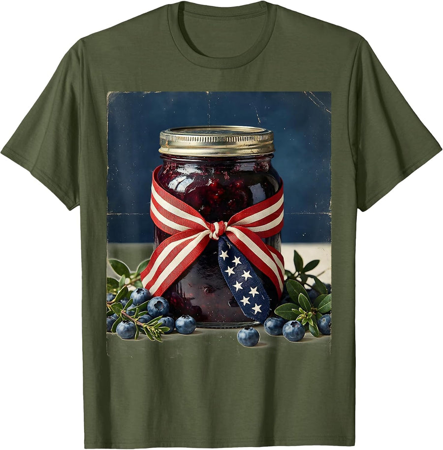 Red White and Blueberries Jam Jar Flag Ribbon T-Shirt, Men, Olive Green, Large - As Pictured