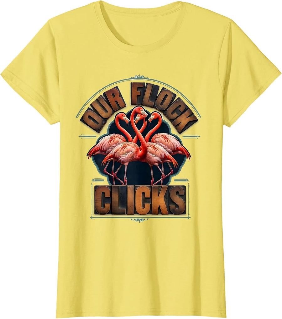 Our Flock Clicks Funny Flamingo Lover Novelty Humor T-Shirt - Lemon Yellow