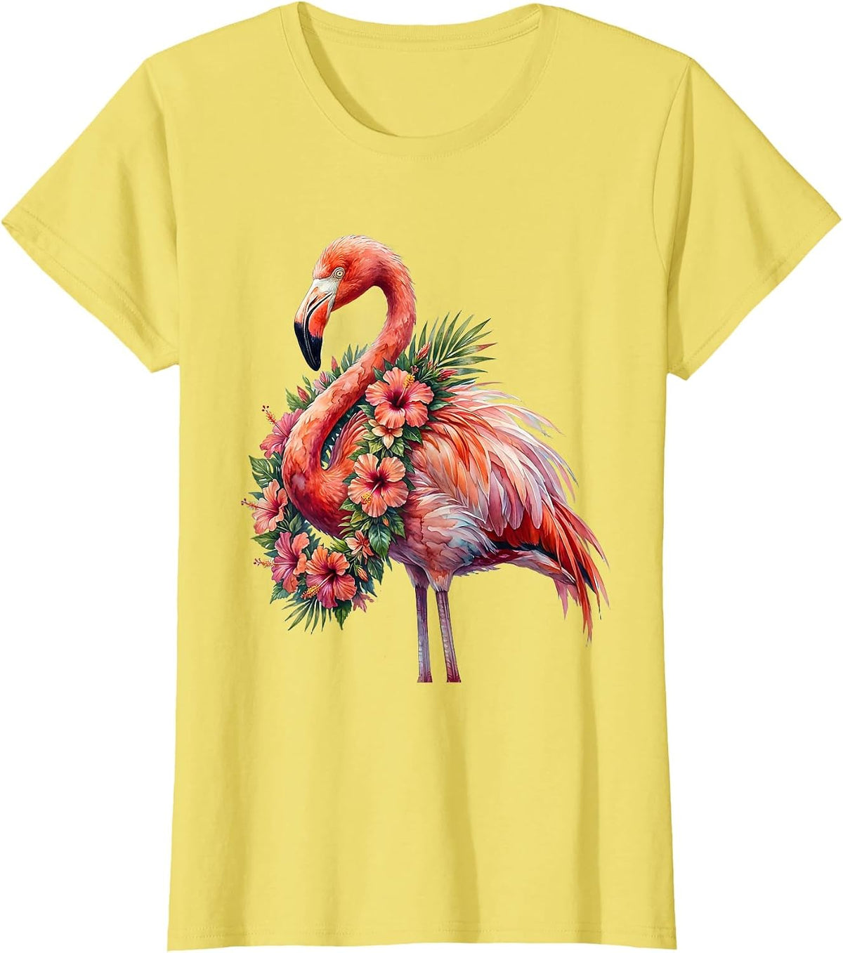 Women's Flamingo Floral Lei Hawaiian Tropical Design T-Shirt - Lemon Yellow