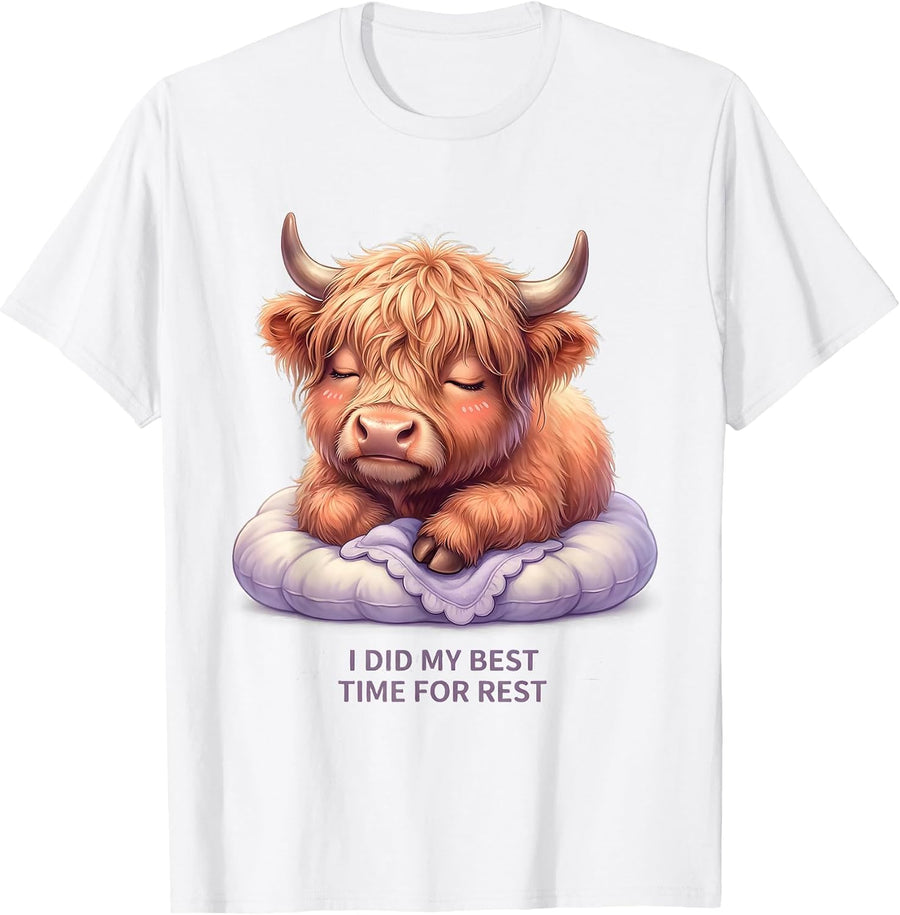 Men's I Did My Best, Time For Rest Cute Kawaii Highland Cow T-Shirt - White
