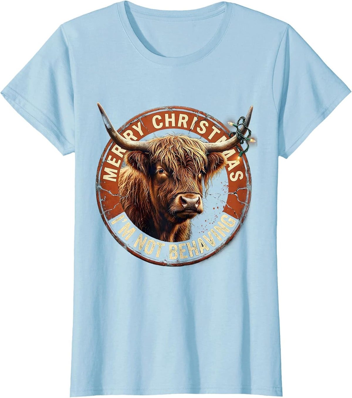 Women's Merry Christmas, I'm Not Behaving Distressed Highland Cow T-Shirt - Baby Blue