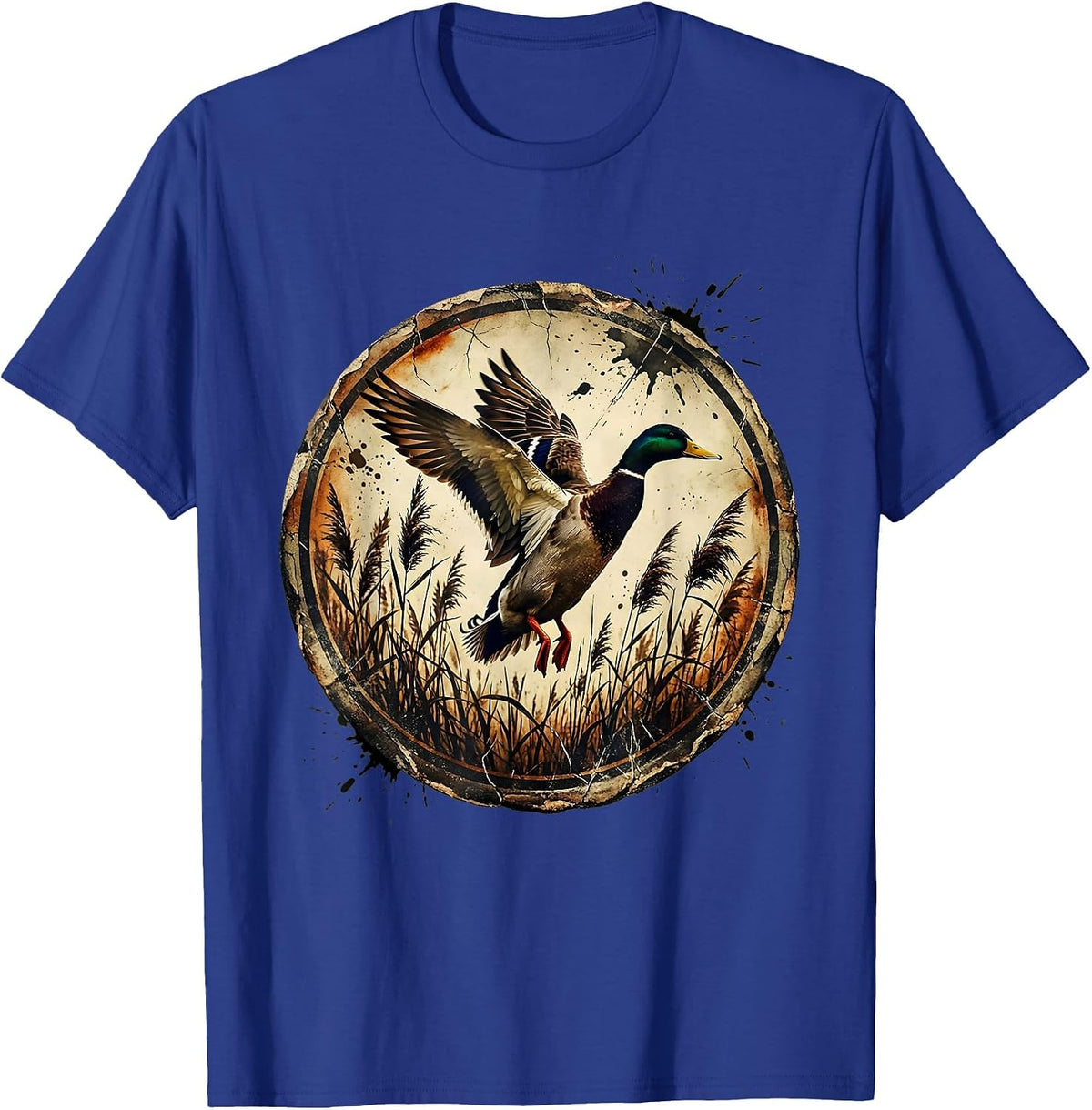Men's Duck Taking Flight Over Marsh Reeds Illustration T-Shirt - Royal Blue