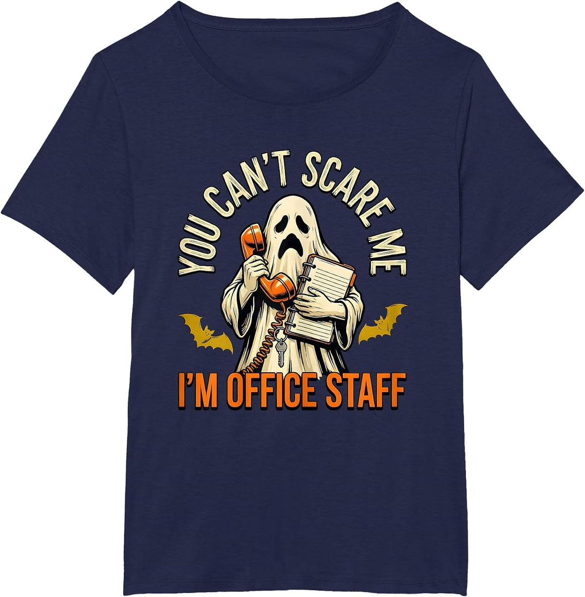 Women's You Can't Scare Me I'm Office Staff Funny Ghost Halloween T-Shirt - Navy Blue
