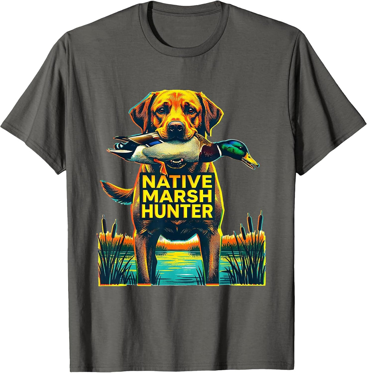 Native Marsh Hunter Risograph Labrador Retriever Duck T-Shirt - Asphalt Grey