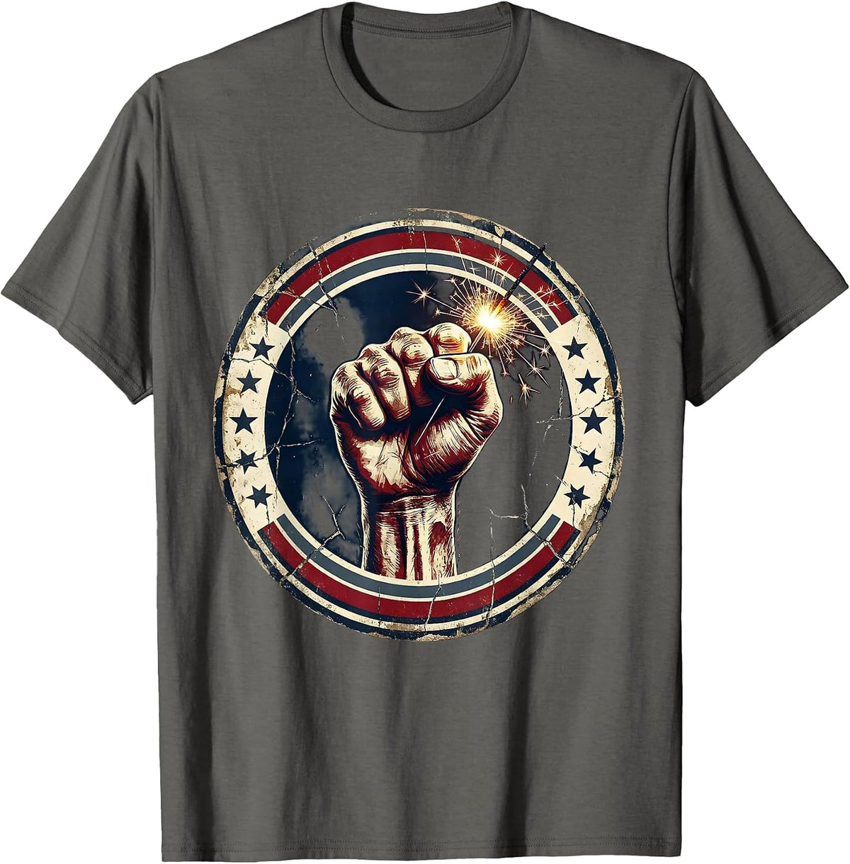 Raised Fist Sparkler Firework Patriotic Design T-Shirt - Asphalt Grey