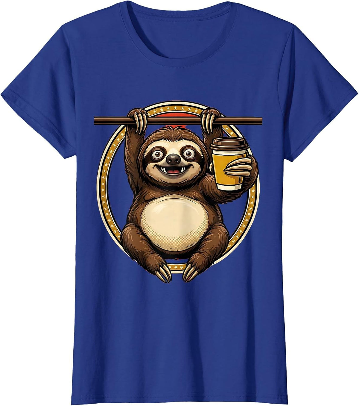 Women's Funny Sloth Hanging With Coffee Graphic T-Shirt - Royal Blue