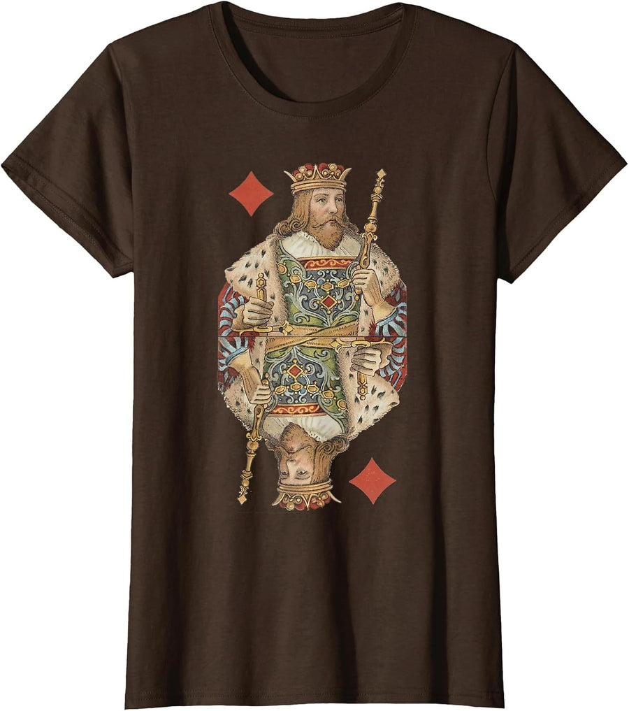 King of Diamonds Antique Art Nouveau Playing Card Art T-Shirt, Women, Brown, Small - As Pictured