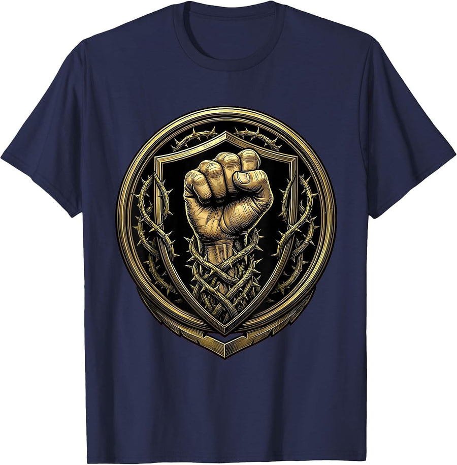Clenched Fist Thorny Vines Resistance Art T-Shirt - Navy Blue