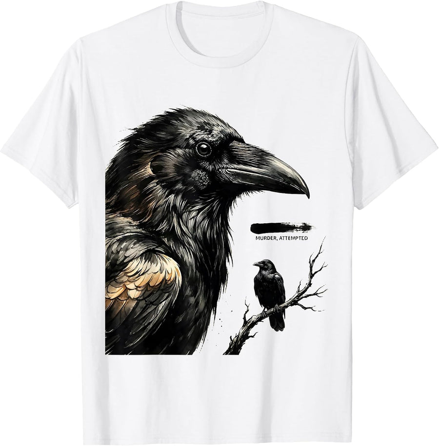 Men's Murder, Attempted Ink Brush Dark Humor Crow Lover T-Shirt - White