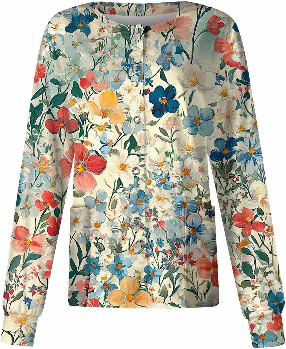 Scrub Jackets for Woman Printed Nursing Scrubs Jacket Long Sleeve Pattern Stretch Medical Work Uniform with Pocket - 04-beige