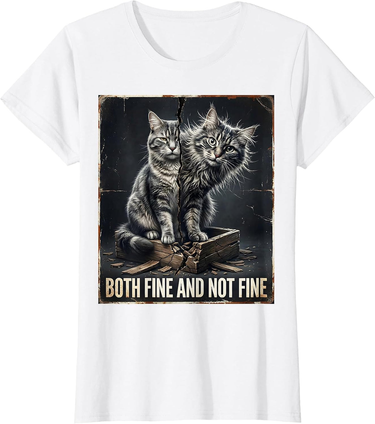 Both Fine And Not Fine Distressed Cat Quantum Physics Humor T-Shirt - White