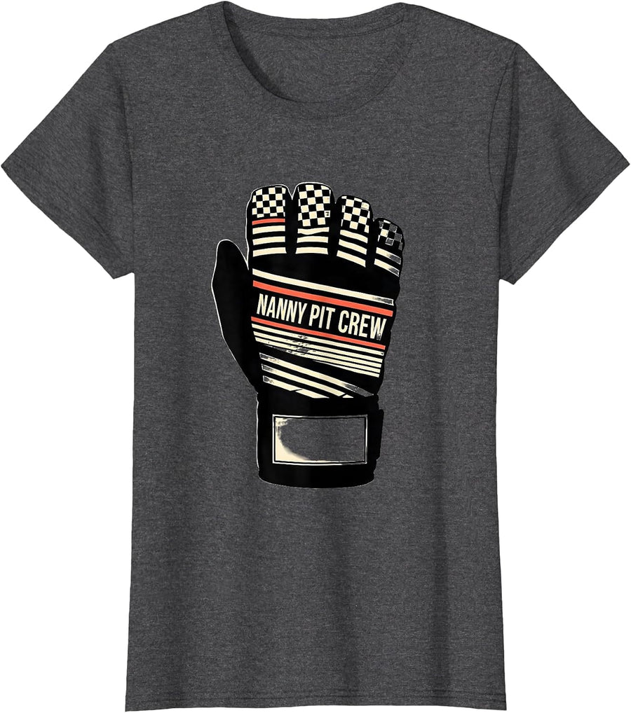 Women's Nanny Pit Crew Disrupted Stripe Graphic Race Car Birthday T-Shirt - Dark Heather Grey