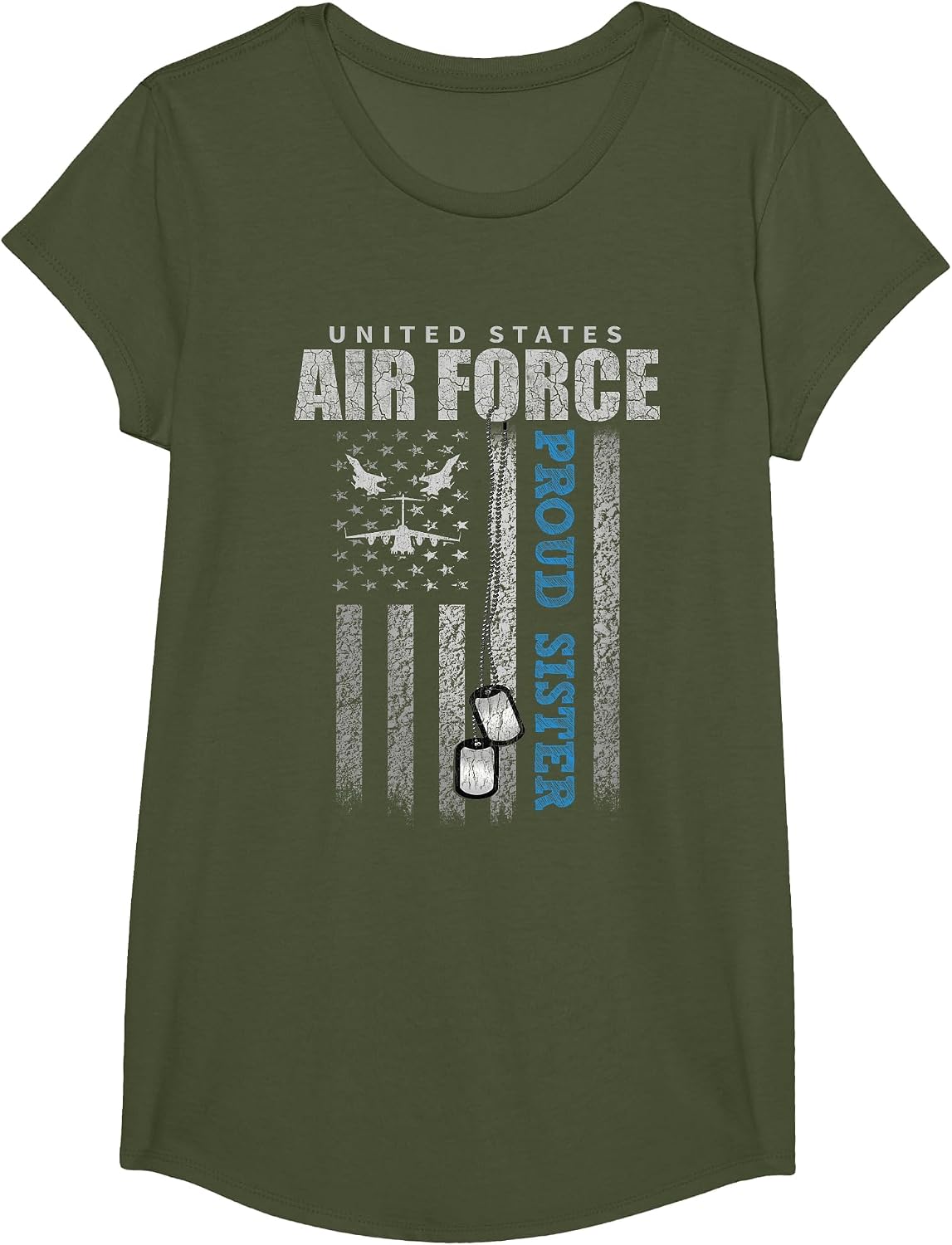 Proud Air Force Sister of The US Air Force USA Flag T-Shirt - Girls Olive Green