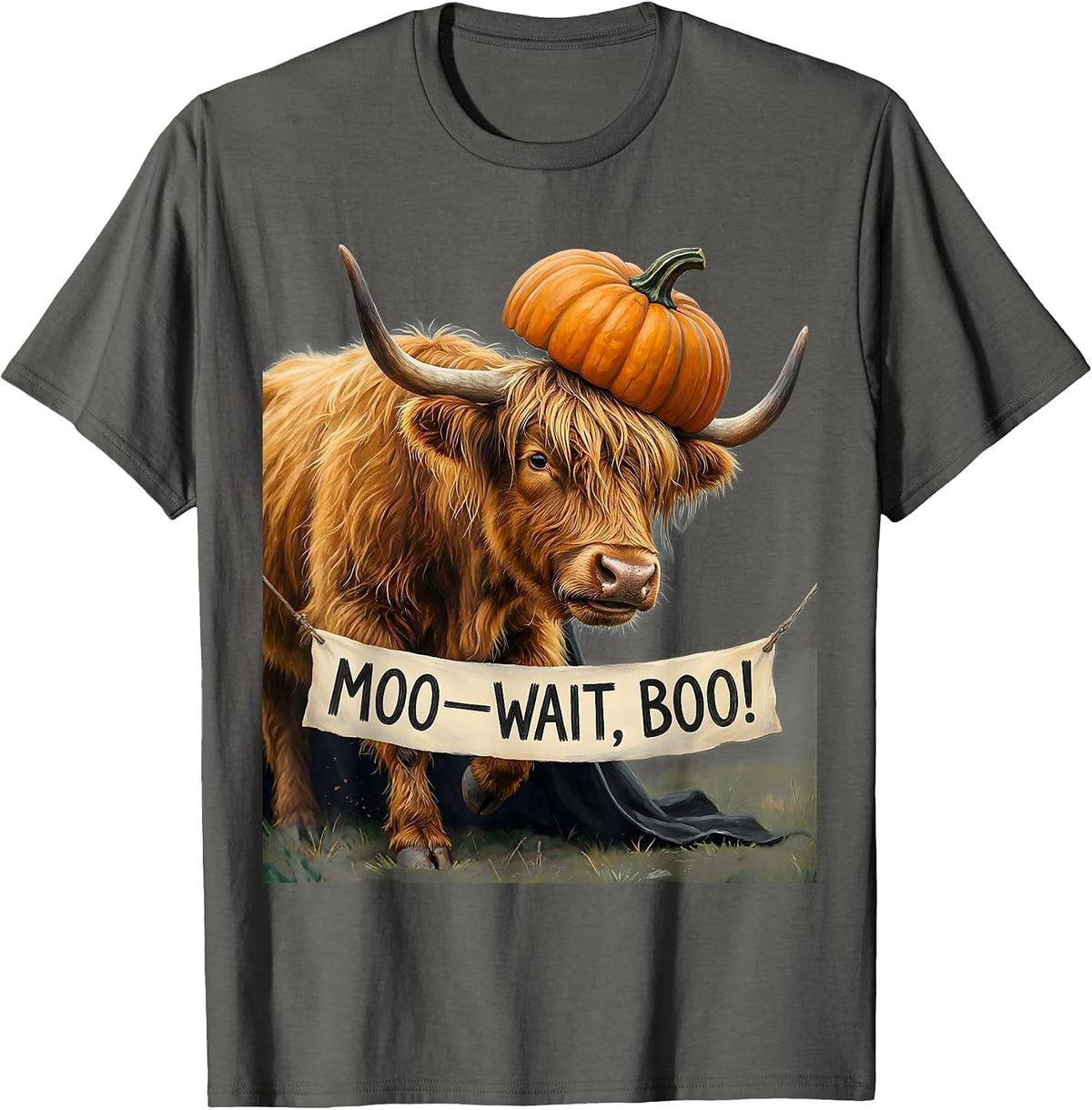 Men's Moo—Wait, Boo! Storybook Highland Cow Halloween Costume T-Shirt - Asphalt Grey