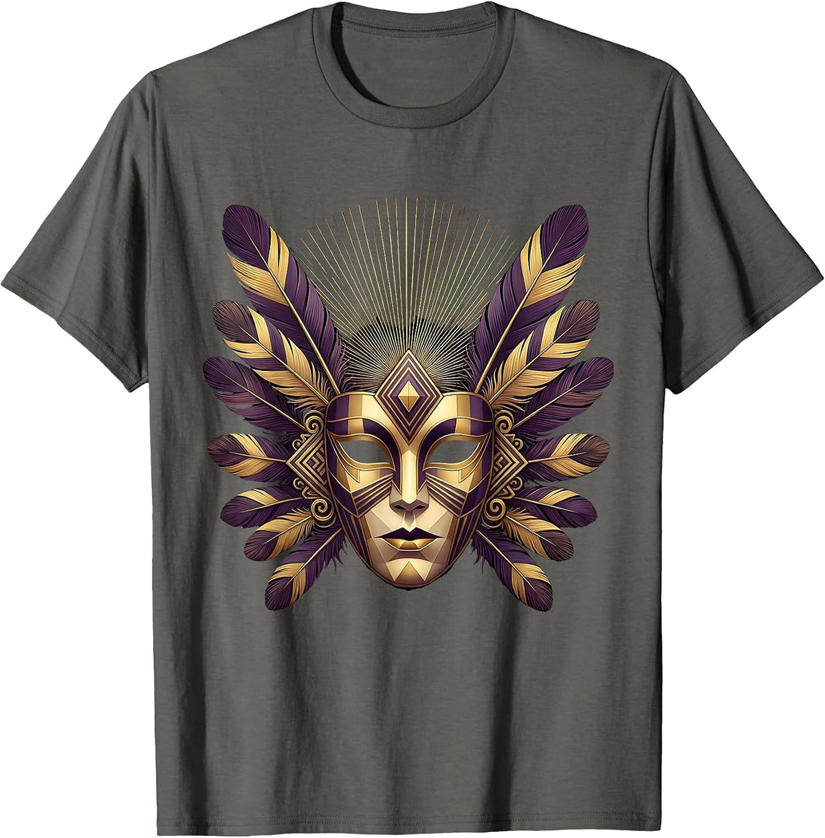 Mardi Gras Ornate Masquerade Mask Feather Plumes T-Shirt - Asphalt Grey