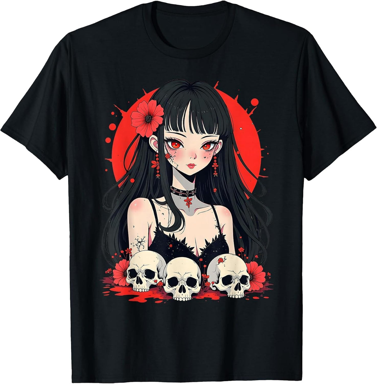 Horror Anime Girl, Aesthetic Japanese Creepy Kawaii Goth T-Shirt - Black