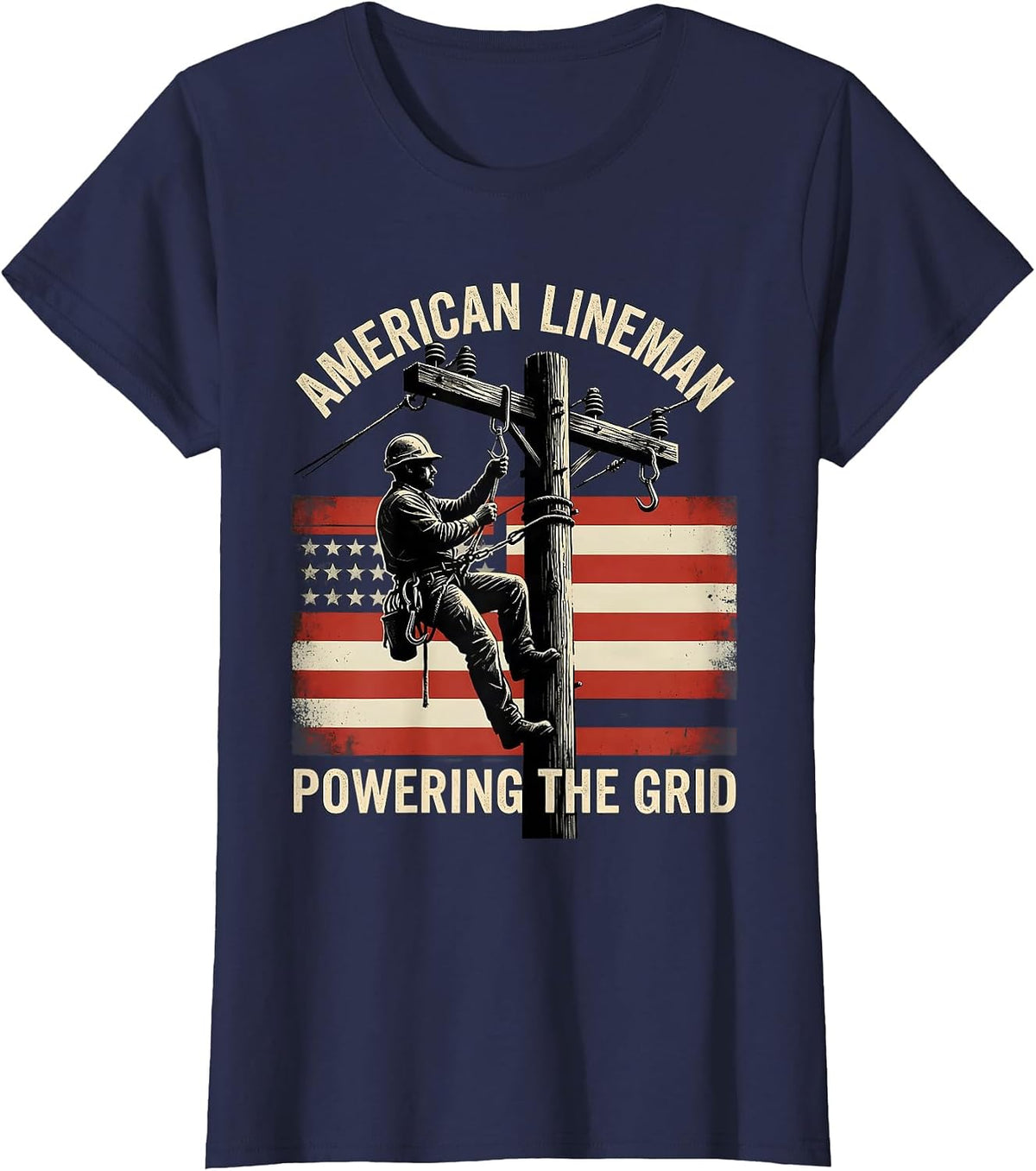 Women's American Lineman Powering the Grid Distressed Electrician T-Shirt - Navy Blue