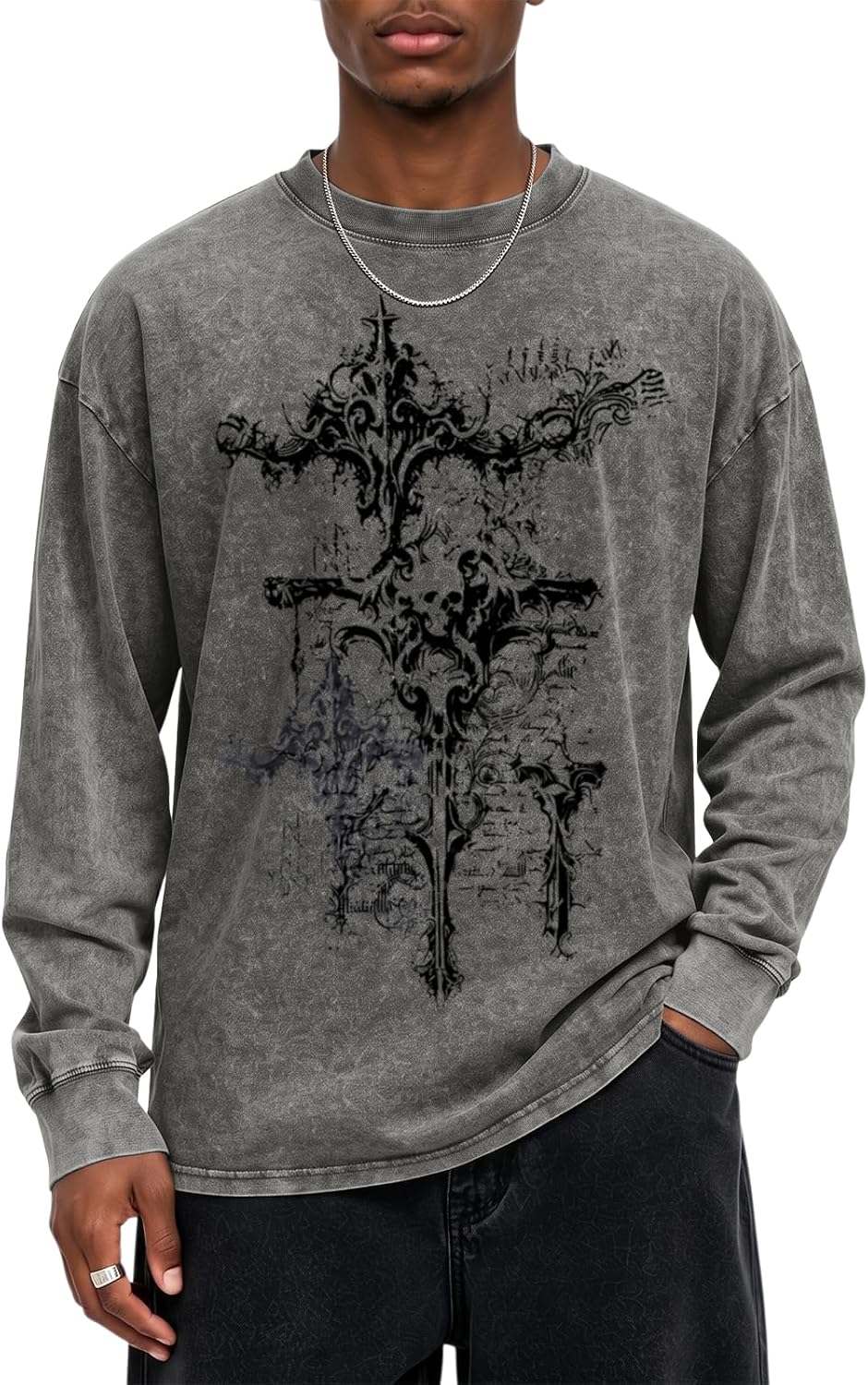 Y2K Goth Skull Long Sleeve Shirts for Men Acid Washed Gothic Shirt - Gray