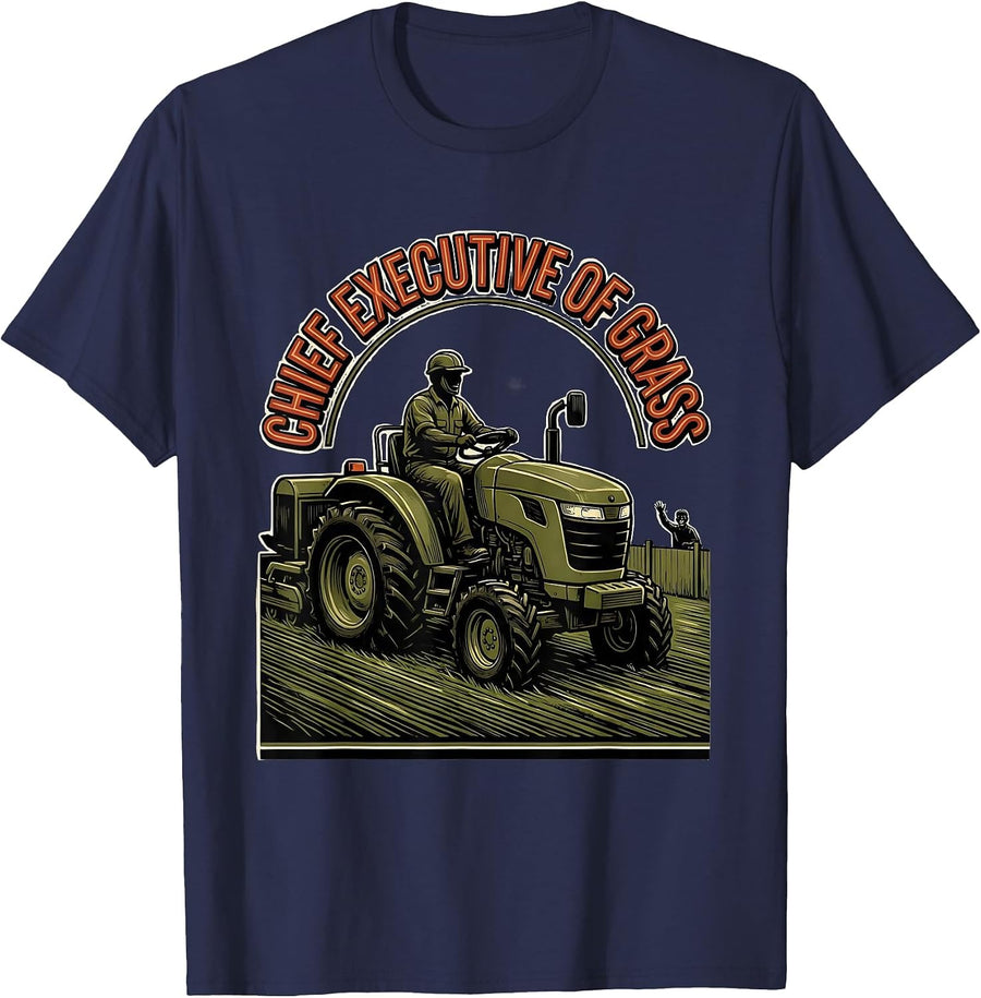 Chief Executive Of Grass Funny Lawn Mowing Dad Gift T-Shirt - Navy Blue