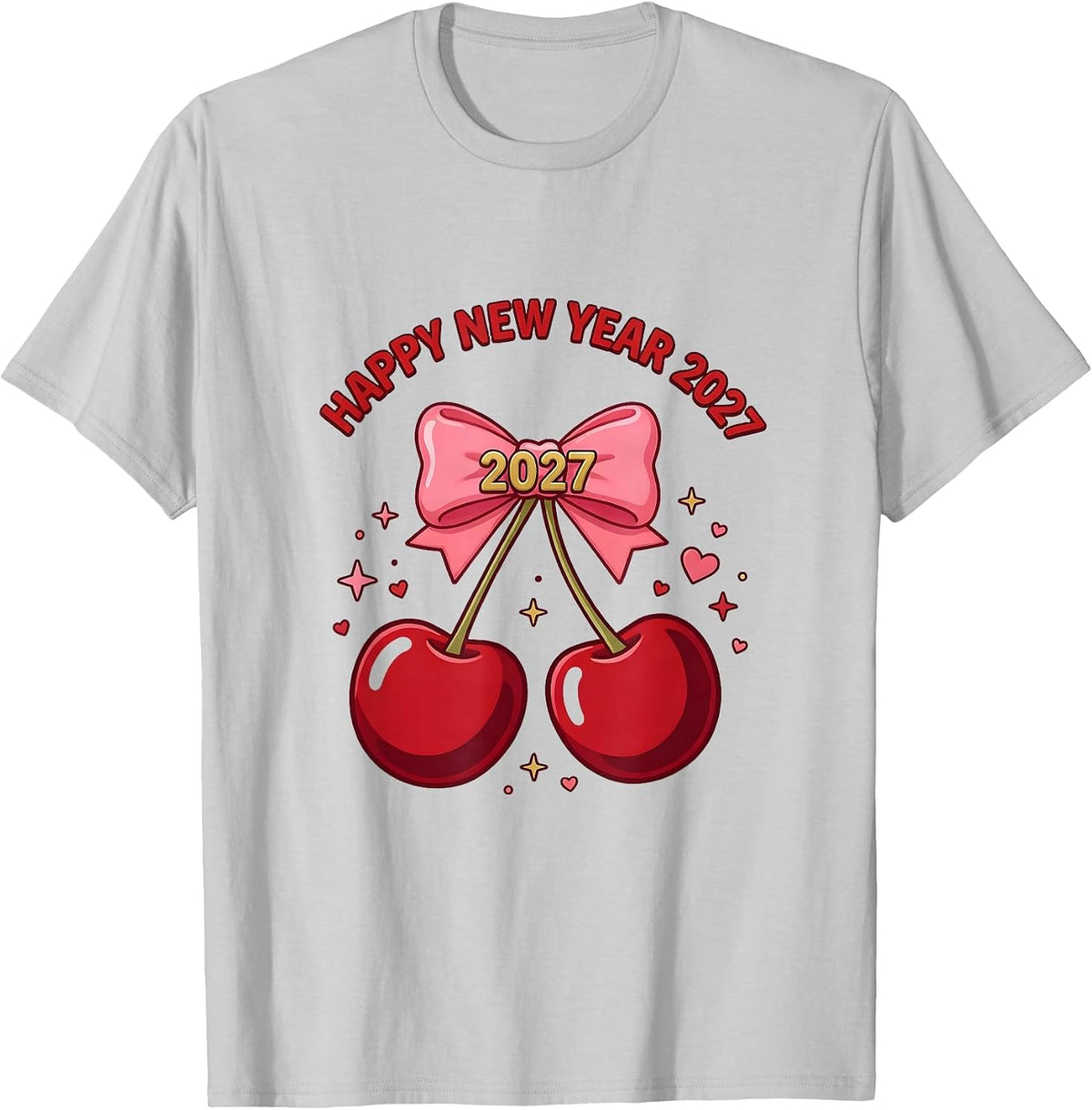 Men's Happy New Year 2027 Cute Cherry Bow Glam Party Top T-Shirt - Silver Grey
