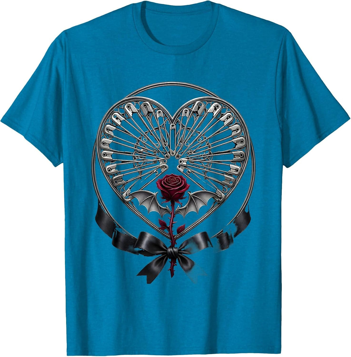 Safety Pin Heart Punk Rock Graphic Tee T-Shirt - Sapphire Blue