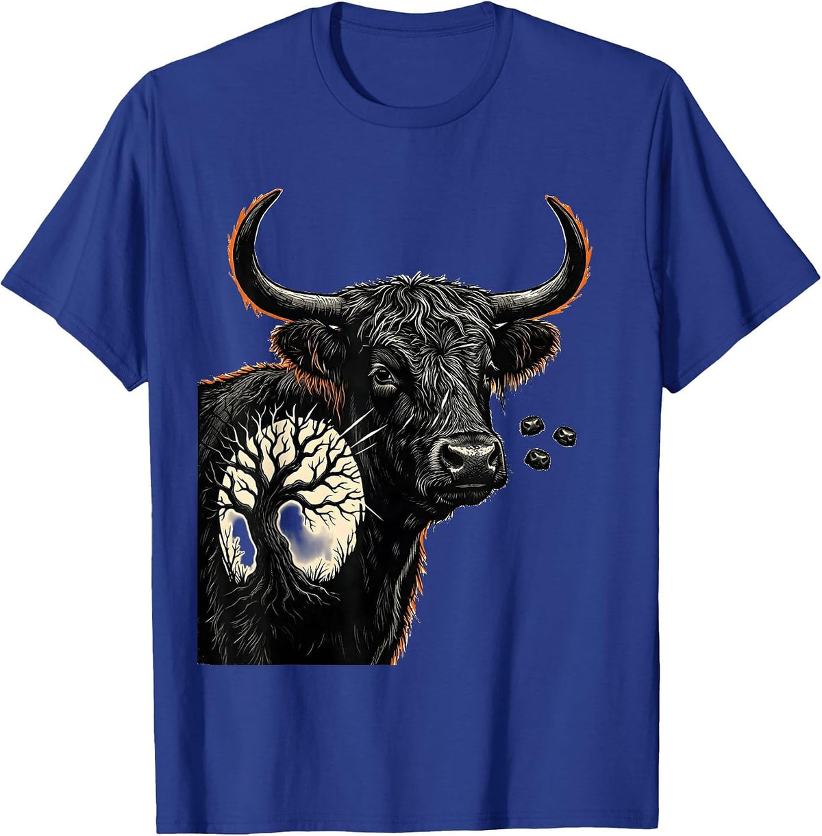 Shaggy Highland Cow Linocut Spooky Halloween Humor T-Shirt - Royal Blue