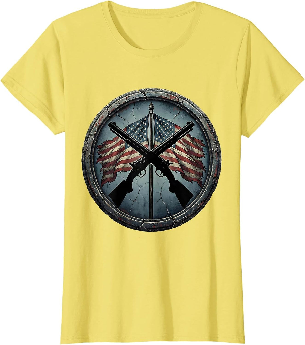 Double Barrel Shotgun American Flag Crossed Graphic T-Shirt - Lemon Yellow