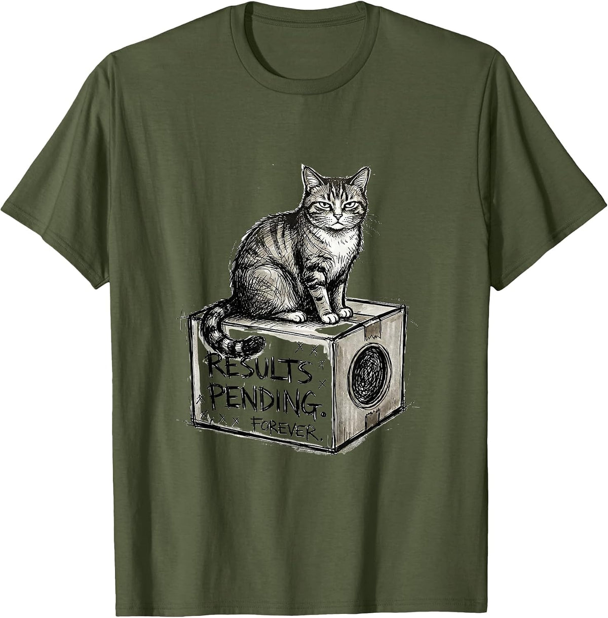 Men's Results Pending Forever Hand-Sketched Quantum Physics Humor T-Shirt - Olive Green