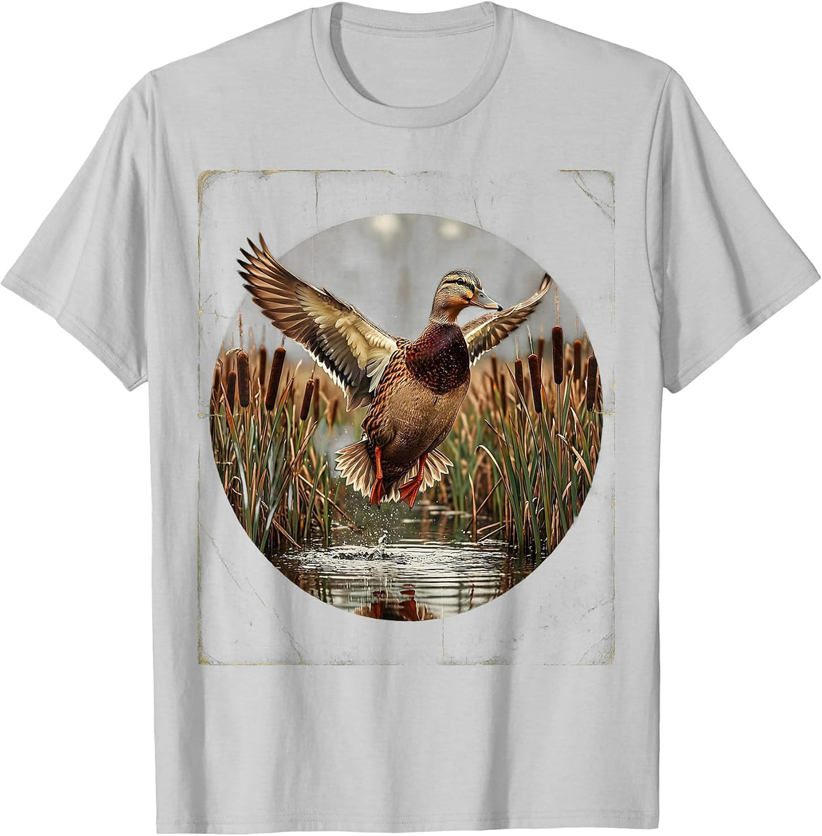 Men's Duck Flying Over Marsh Reeds Wildlife Illustration T-Shirt - Silver Grey