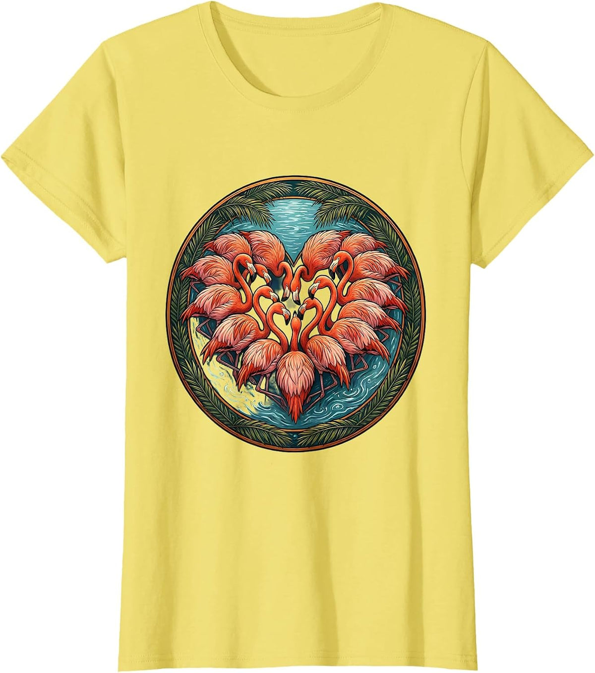 Women's Flamingo Flock Heart Shape Love Nature Art T-Shirt - Lemon Yellow