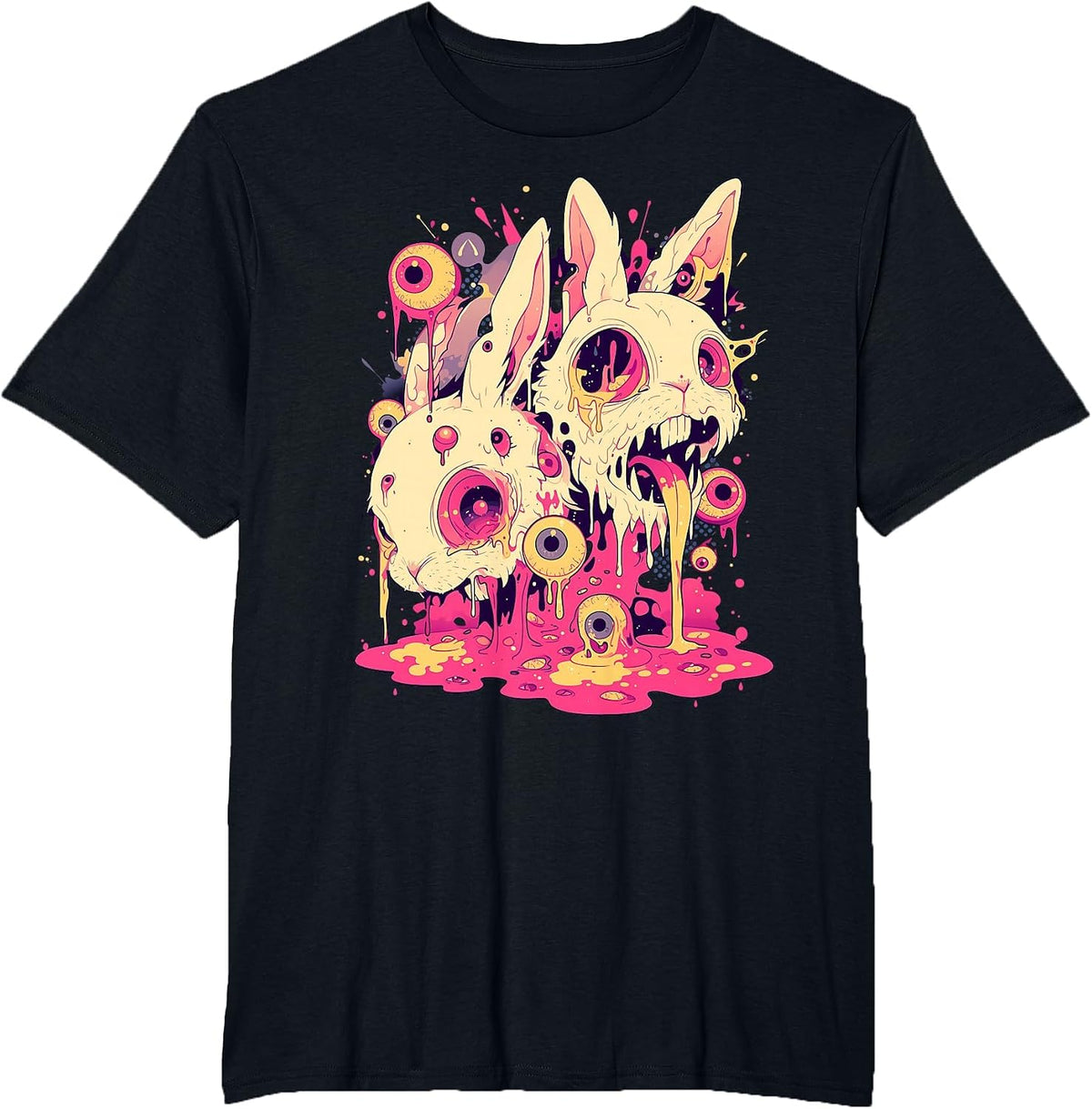 Psychedelic Creepy Horror Bunny Rabbit Weirdcore Shirt Tees T-Shirts Goth - Black