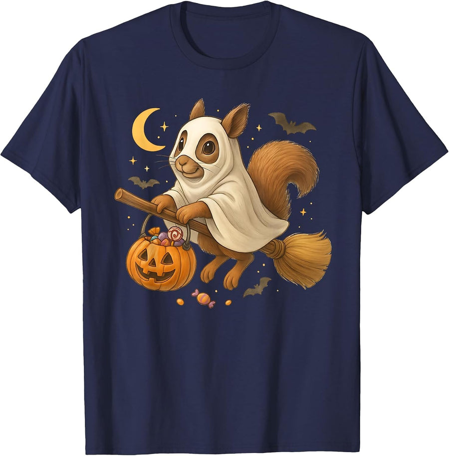 Funny Squirrel Ghost Pumpkin Spooky Halloween Costume T-Shirt - Navy Blue