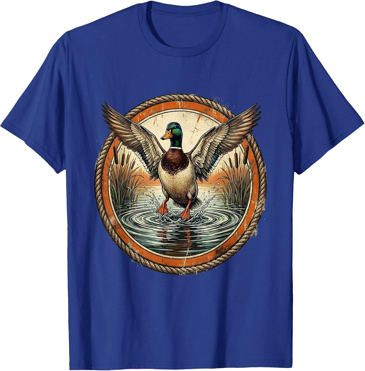 Men's Duck Splash Landing on Still Pond Illustration T-Shirt - Royal Blue