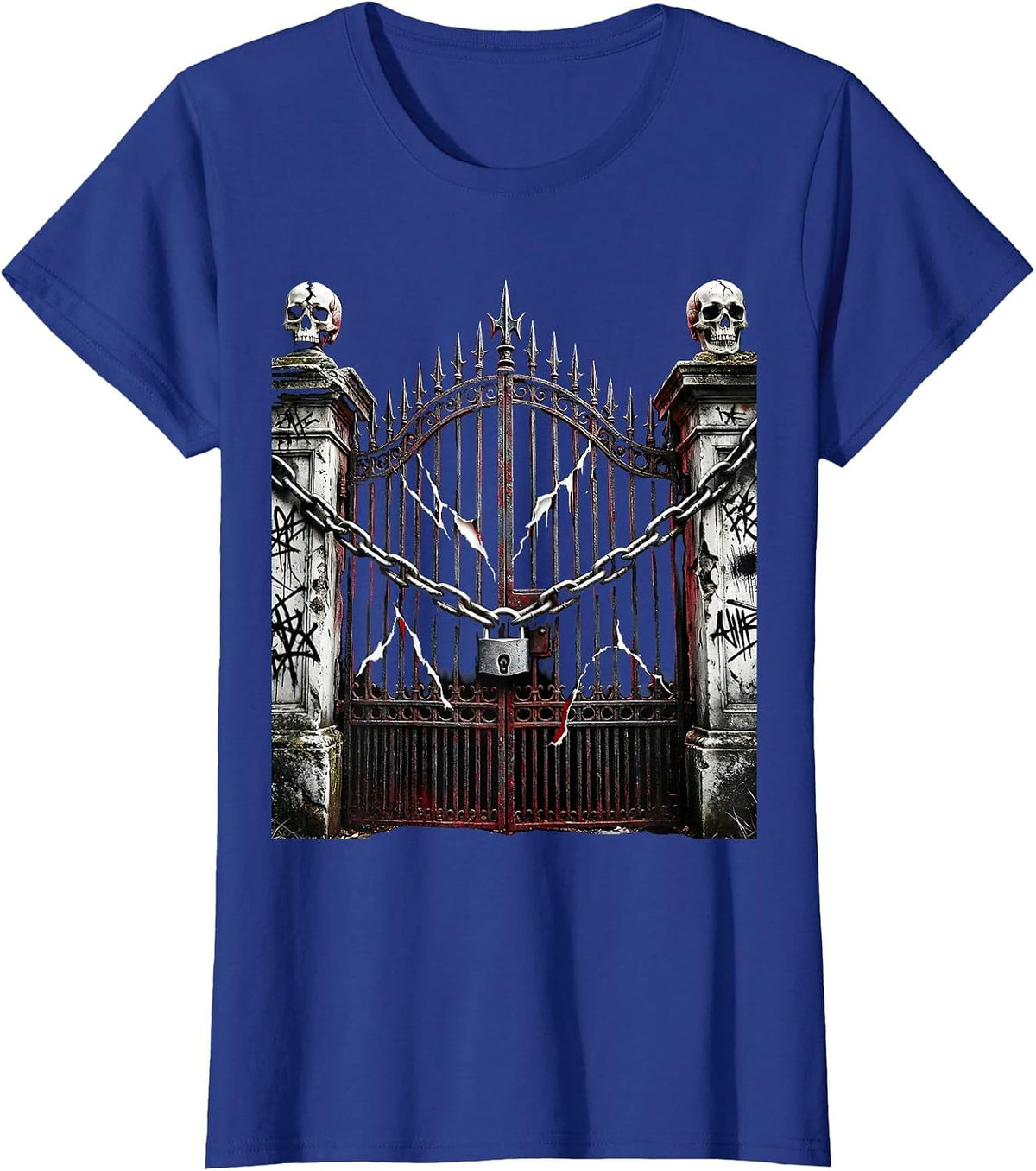 Women's Emo Cemetery Gate Wrapped in Chains Graphic T-Shirt - Royal Blue