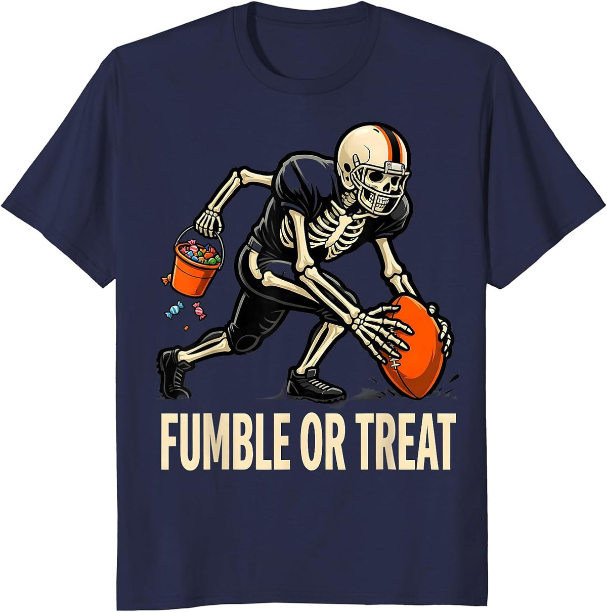 Men's Fumble Or Treat Cartoon Skeleton Football Halloween Costume T-Shirt - Navy Blue