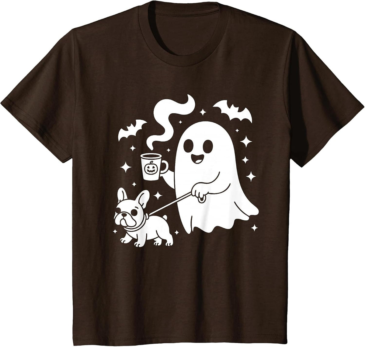 Ghost Walking Dog French Bulldog Coffee Halloween Costume T-Shirt - Brown