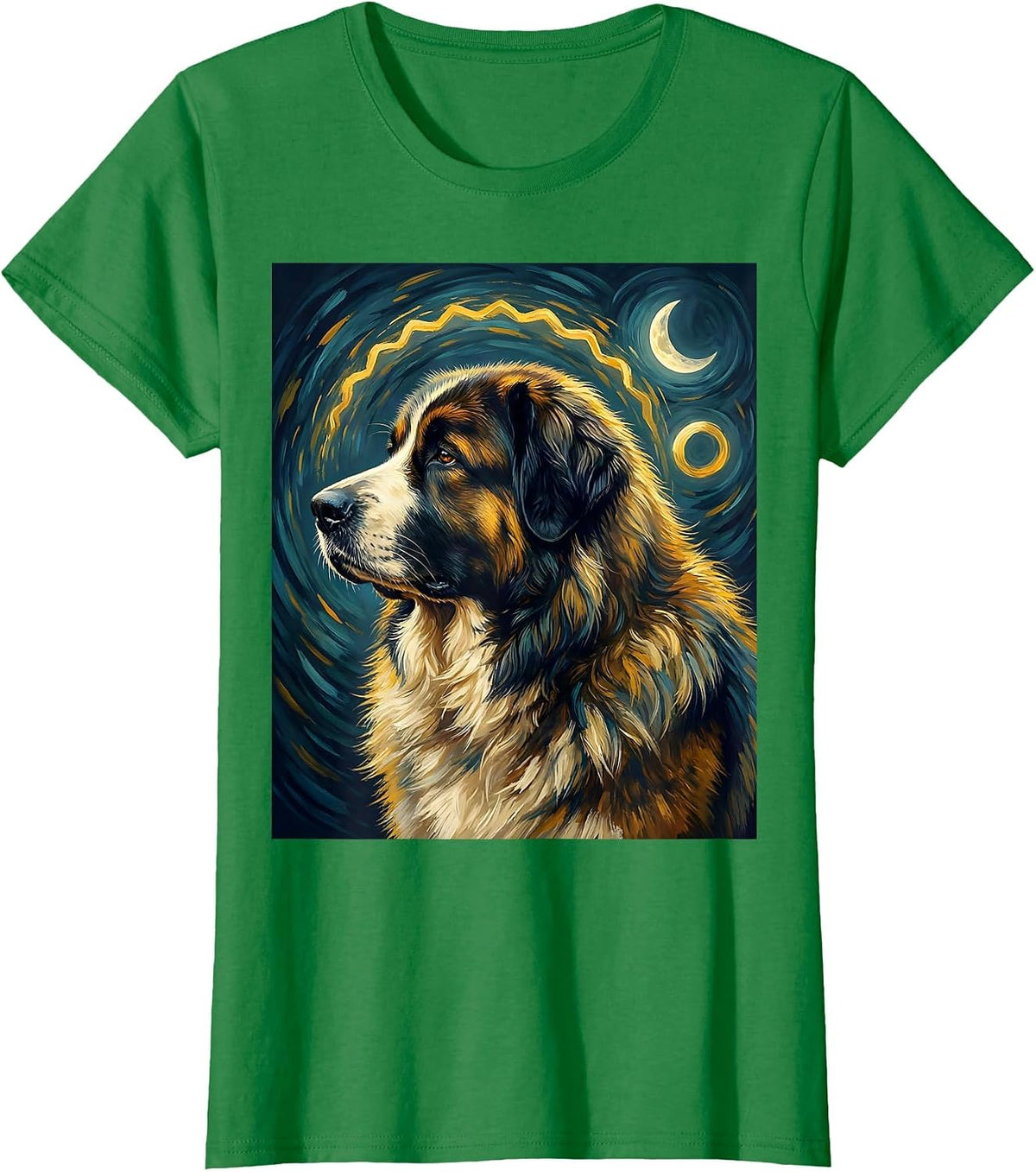Women's Great Pyrenees Van Gogh Starry Night Dog Breed Portrait T-Shirt - Kelly Green