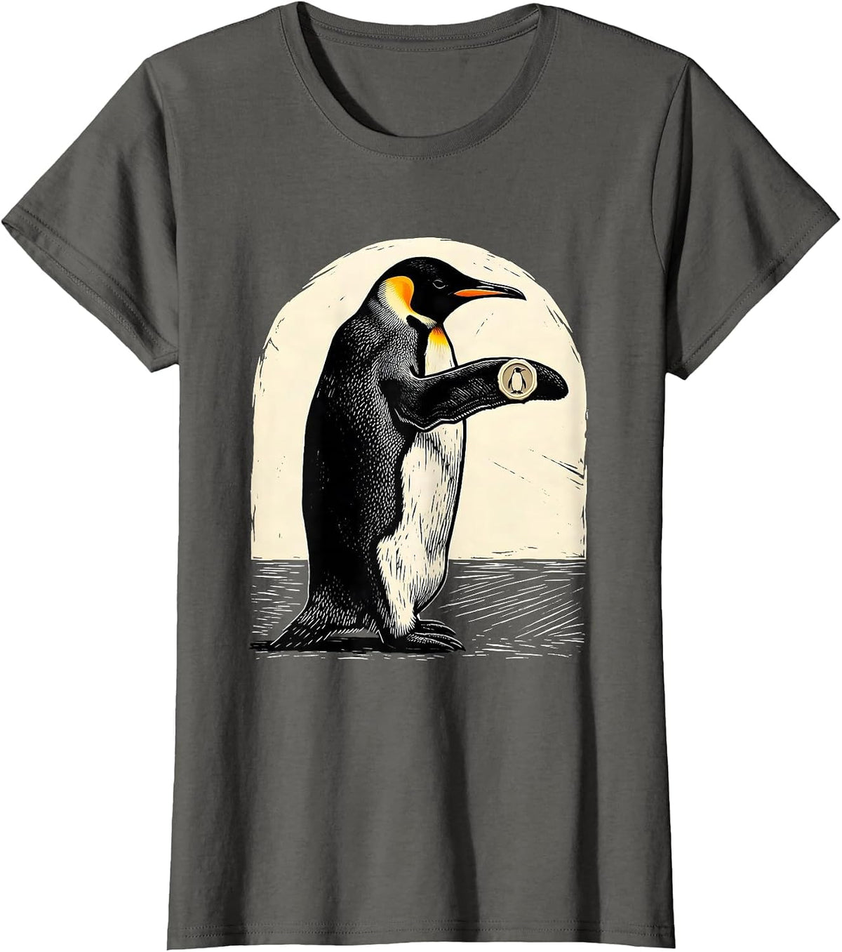 Women's Monumental Penguin Linocut Animal Lover Gift T-Shirt - Asphalt Grey
