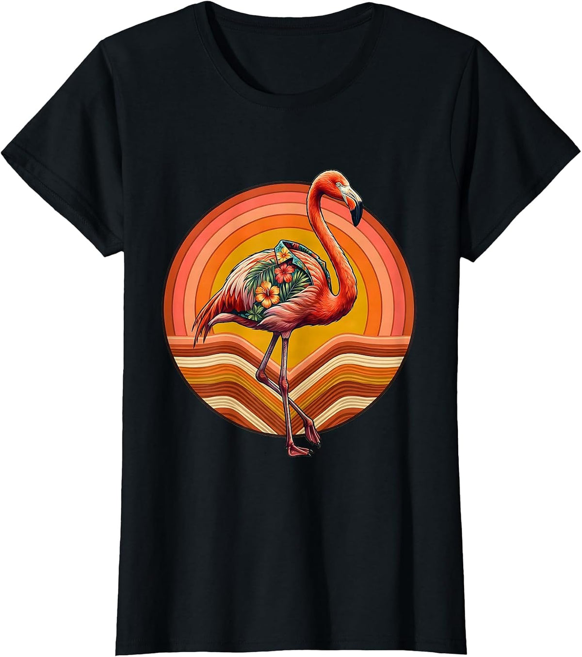 Flamingo in Floral Hawaiian Shirt Graphic T-Shirt - Black