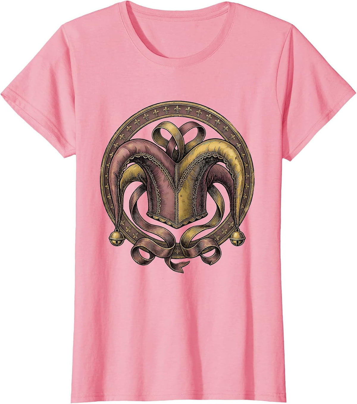 Women's Mardi Gras Jester Hat with Bells and Ribbons T-Shirt - Pink