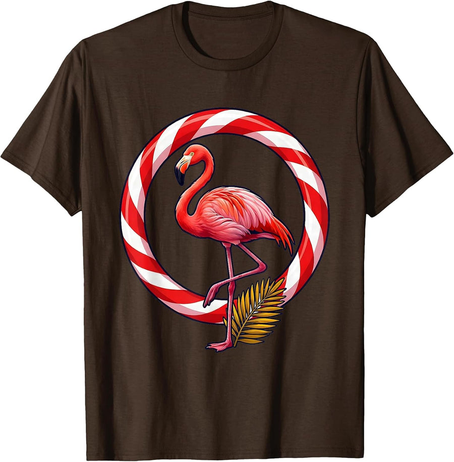 Pink Flamingo Candy Cane Christmas Novelty Humor T-Shirt - Brown