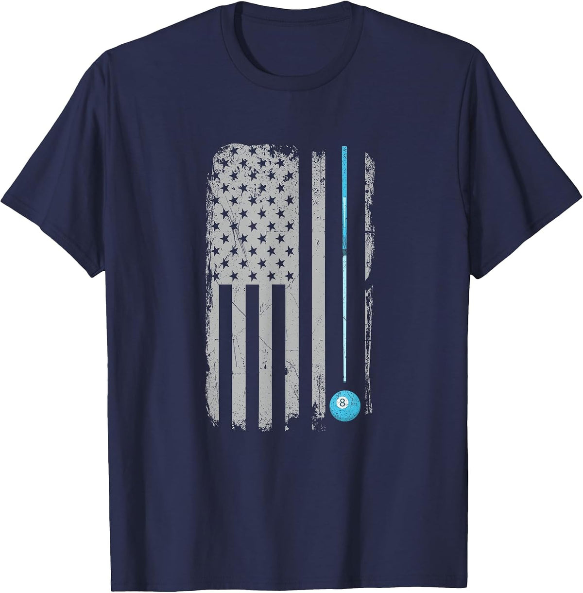 Pool Stick Billiards 8 Ball Vintage USA American Flag T-Shirt - Navy Blue